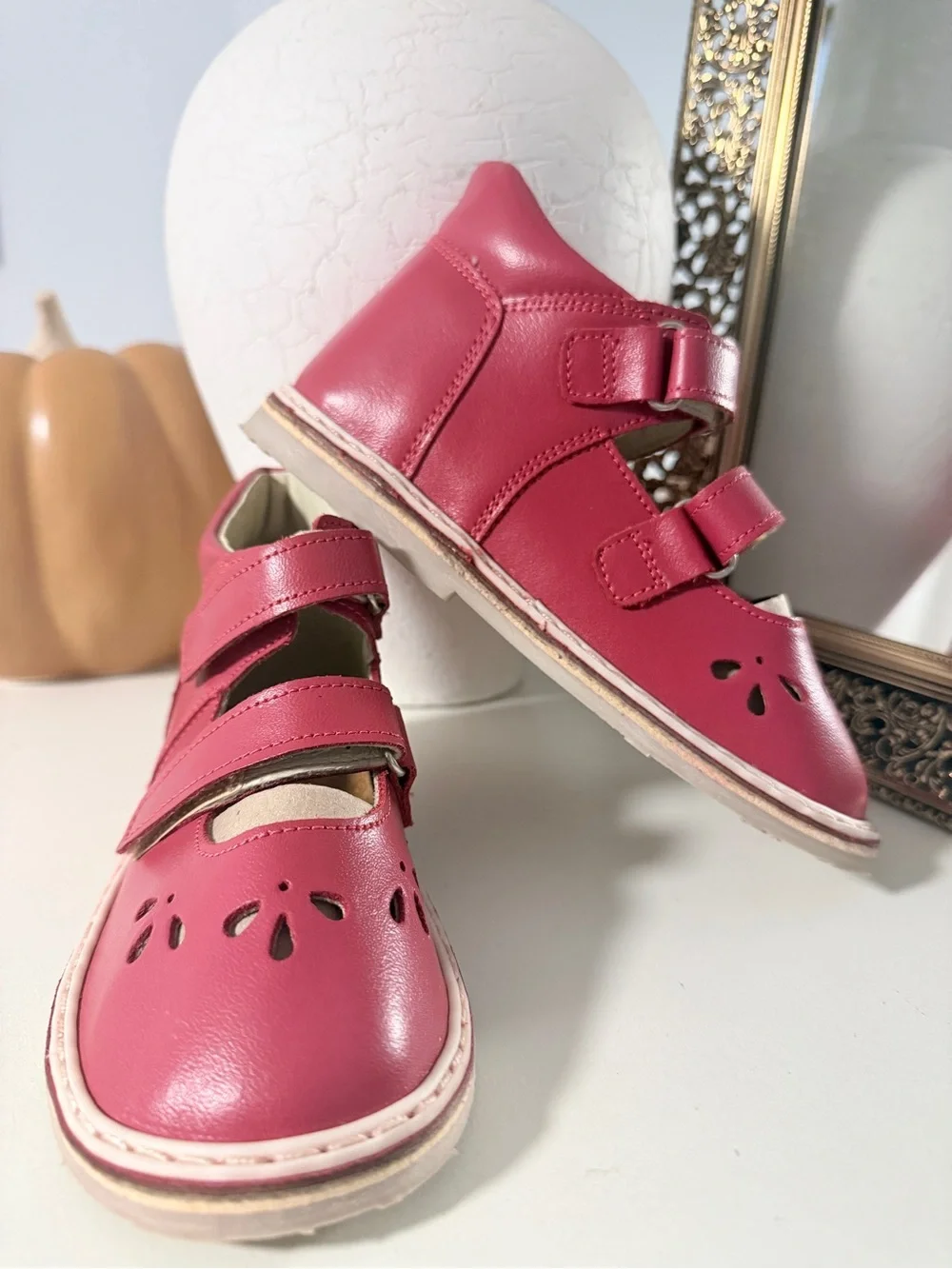 Kids Red Leather Shoes with Hook-and-Loop Straps